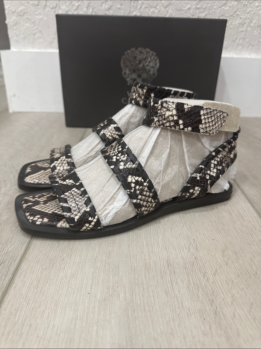 Vince Camuto Black & Beige Snake-Print Strappy Flat Sandals - Picture 3 of 6